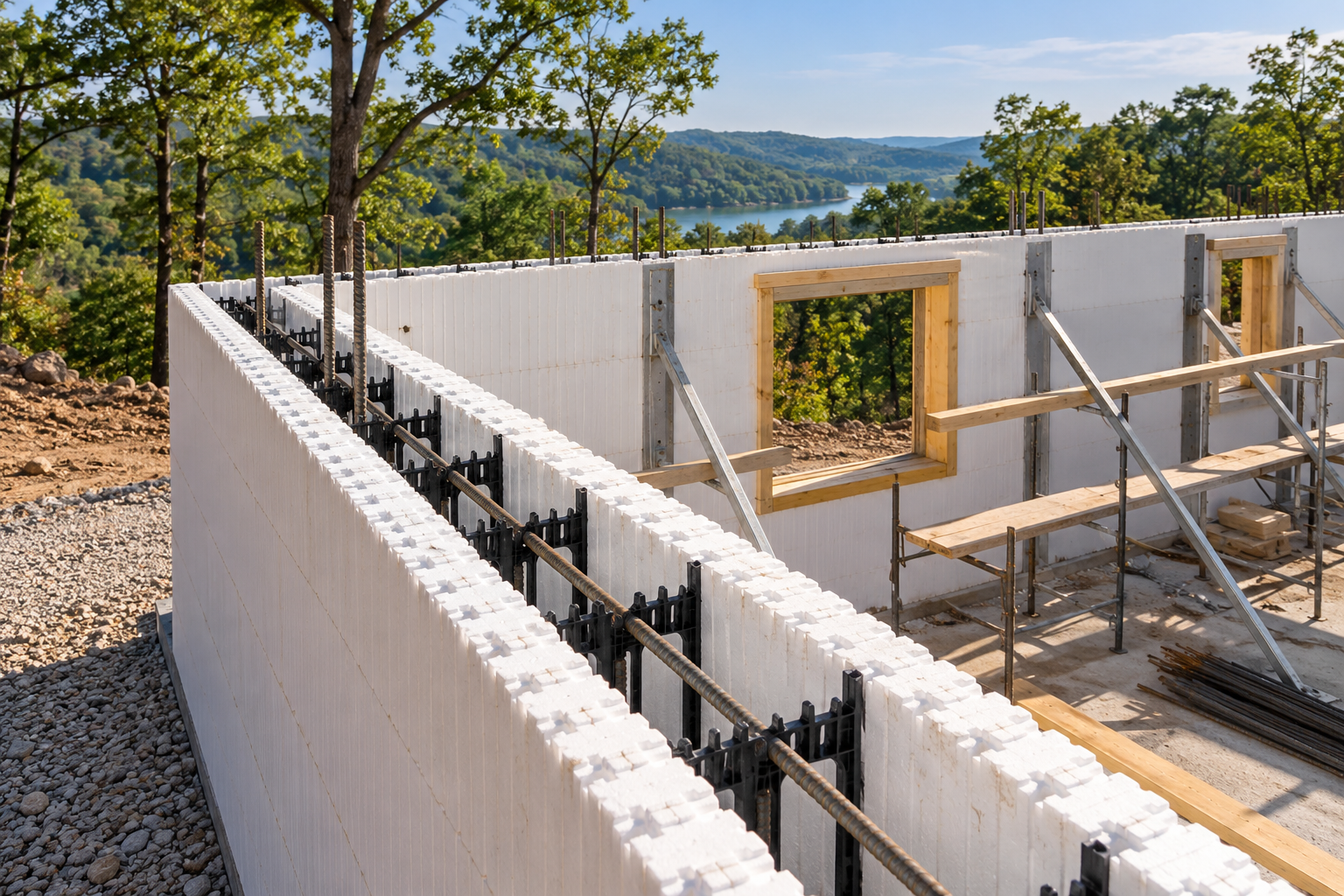 Insulated concrete form walls and reinforcing steel at a wooded building site