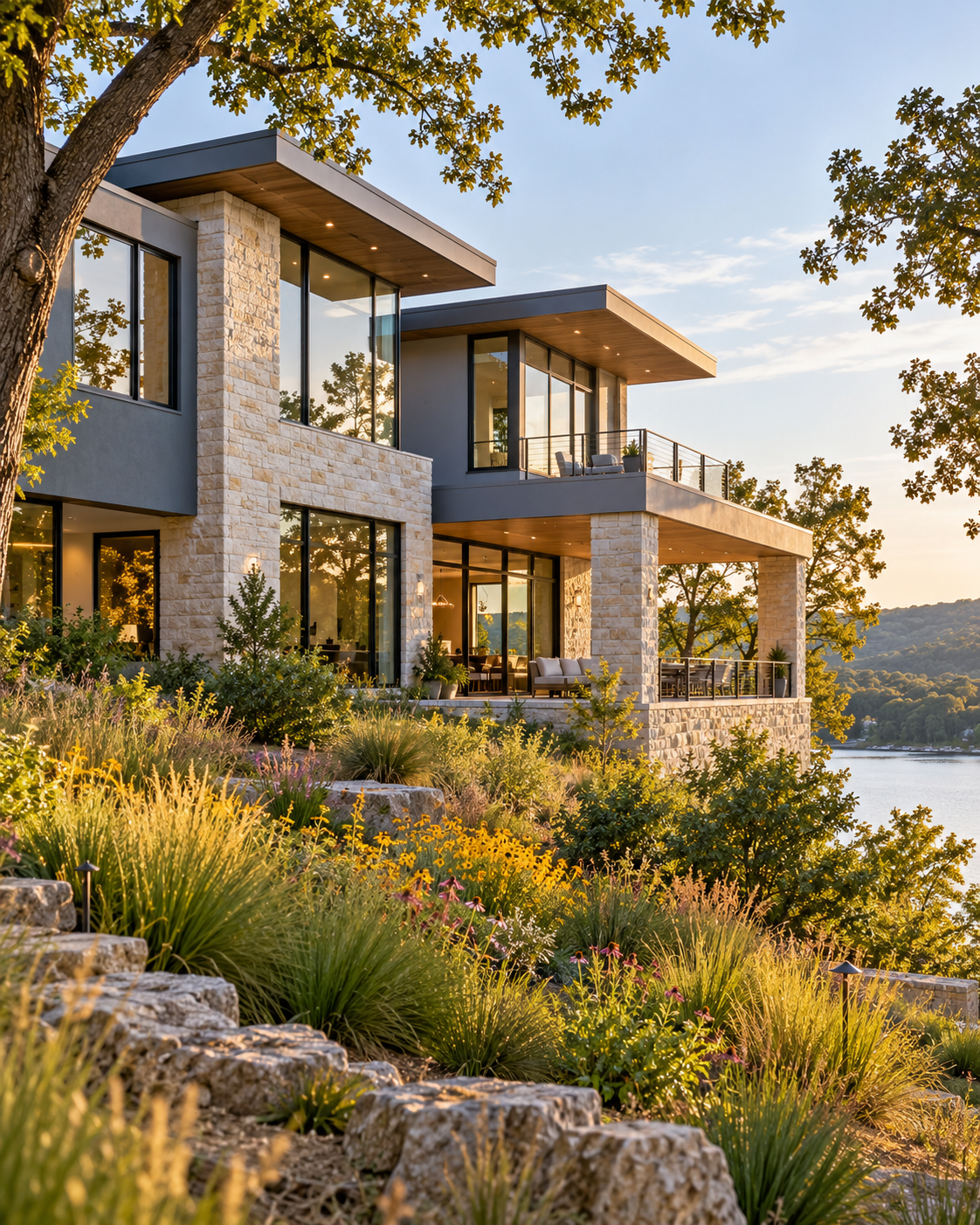 Contemporary limestone home beside an Ozarks lake